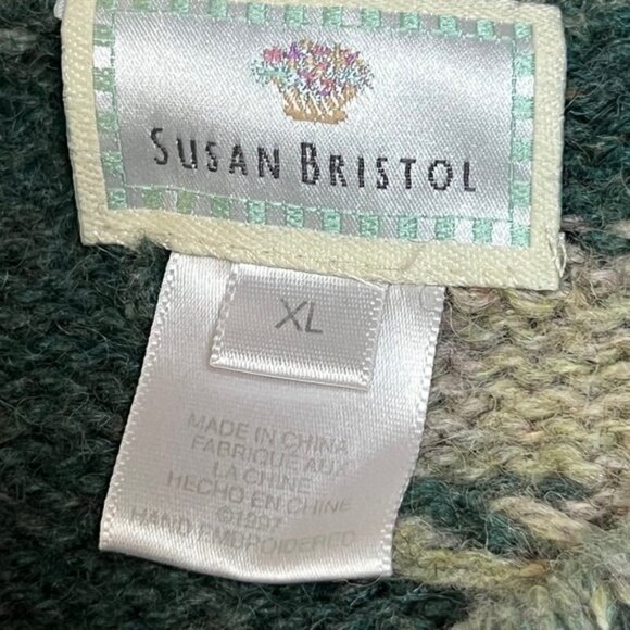 90s Vintage Susan Bristol Shetland Wool Cardigan Sweater Christmas Holly Size XL - Picture 10 of 11